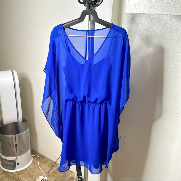 EXPRESS | Blue Short Sleeve Mini Overlay Dress - Picture 7 of 10